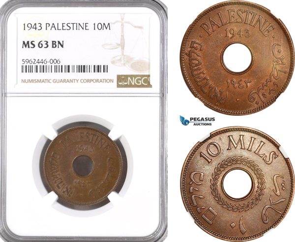 AH243, Palestine, 10 Mils 1943, London Mint, NGC MS63BN