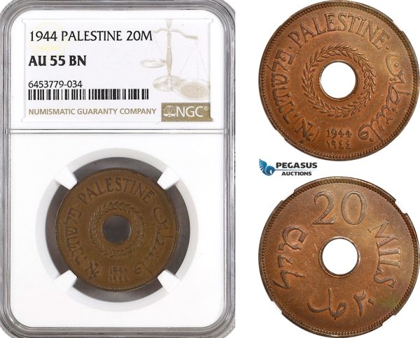 AH244, Palestine, 20 Mils 1944, London Mint, NGC AU55BN