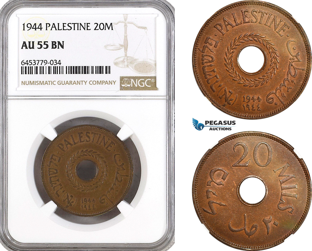 AH244, Palestine, 20 Mils 1944, London Mint, NGC AU55BN