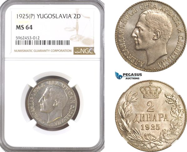 AH27, Yugoslavia, Alexander I, 2 Dinara 1925 P, Poissy Mint, NGC MS64
