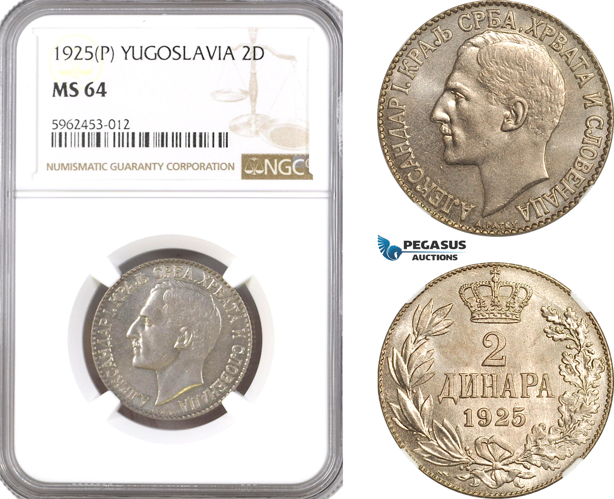 AH27, Yugoslavia, Alexander I, 2 Dinara 1925 P, Poissy Mint, NGC MS64