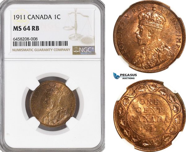 AH278, Canada, George V, 1 Cent 1911, NGC MS64RB