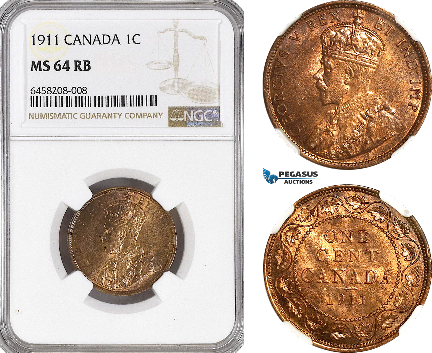 AH278, Canada, George V, 1 Cent 1911, NGC MS64RB