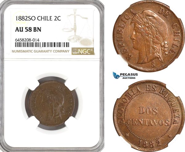 AH281, Chile, 2 Centavos 1882 So, Santiago Mint, NGC AU58BN