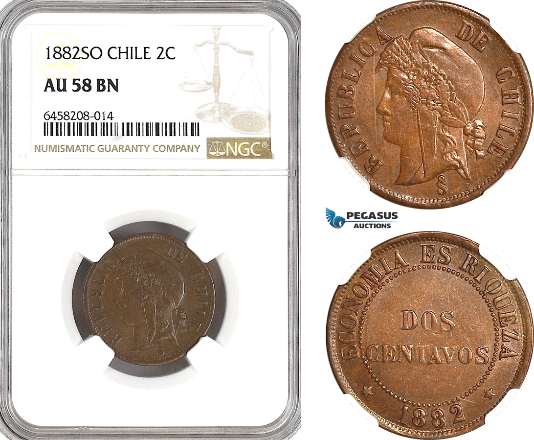 AH281, Chile, 2 Centavos 1882 So, Santiago Mint, NGC AU58BN