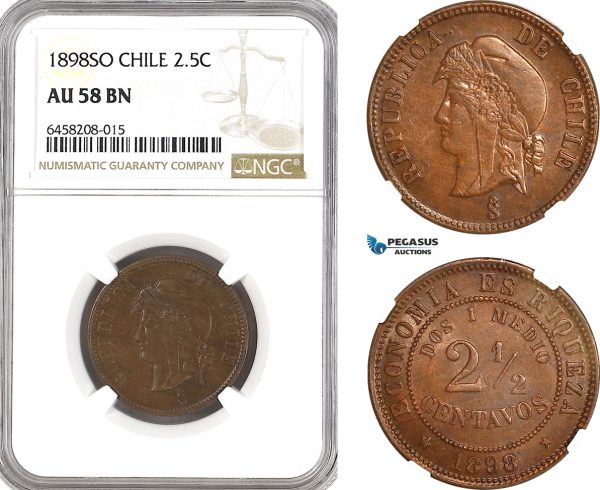 AH282, Chile, 2 1/2 Centavos 1898 So, Santiago Mint, NGC AU58BN