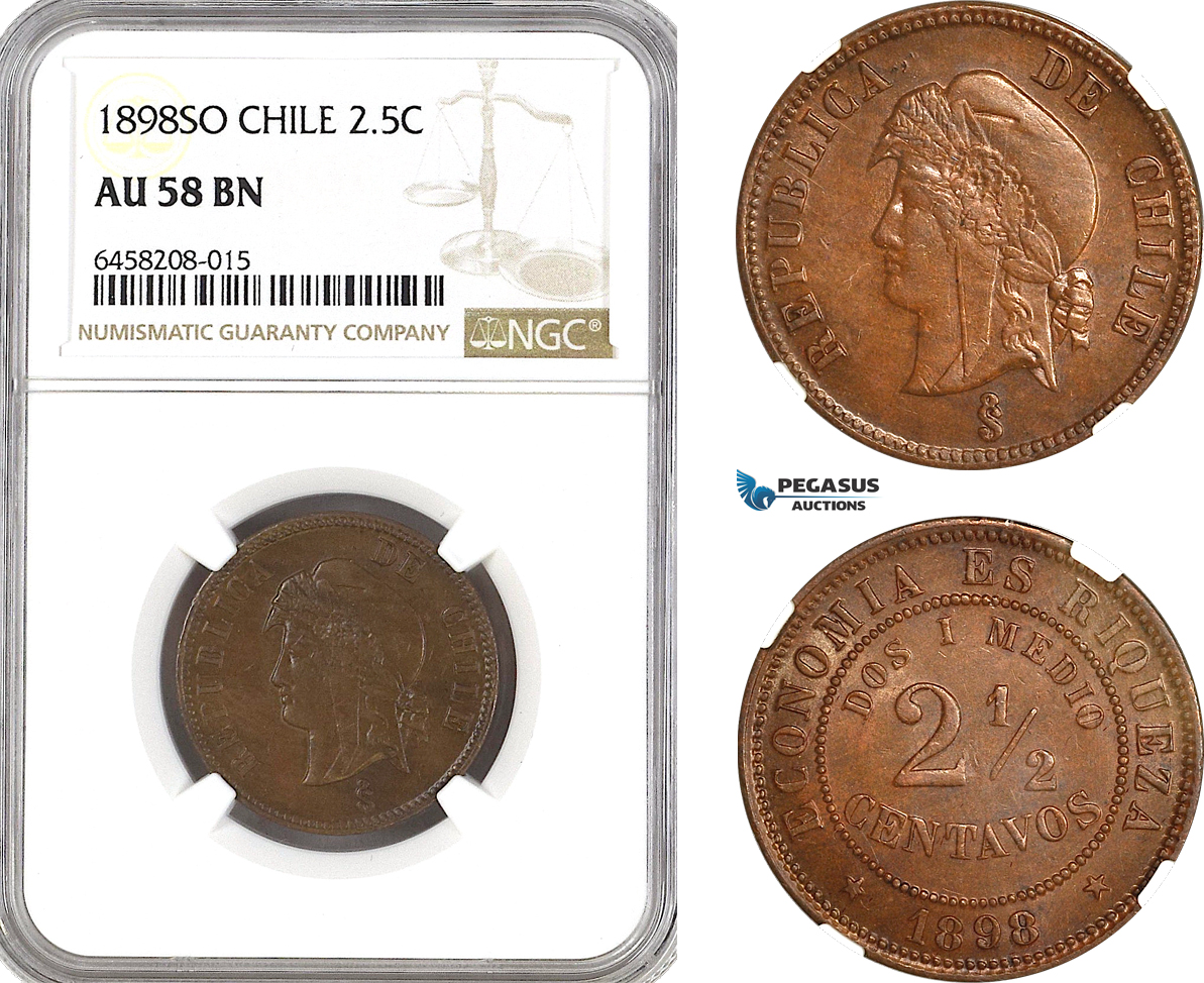 AH282, Chile, 2 1/2 Centavos 1898 So, Santiago Mint, NGC AU58BN