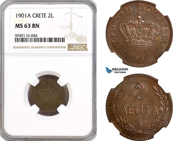 AH283, Crete, George I. of Greece, 2 Lepta 1901 A, Paris Mint, NGC MS63BN