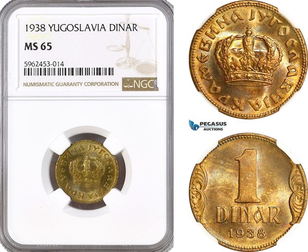 AH29, Yugoslavia, Peter II, 1 Dinar 1938, Paris Mint, KM# 19, NGC MS65