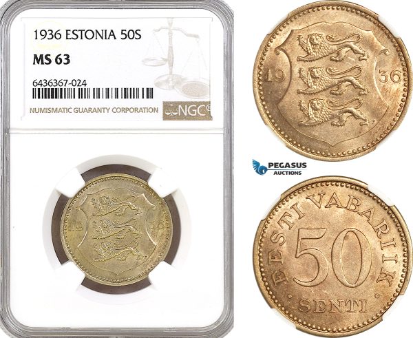 AH295, Estonia, 50 Senti 1936, NGC MS63