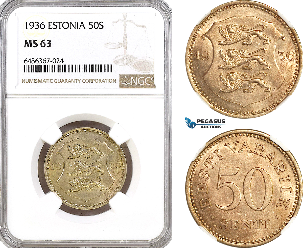 AH295, Estonia, 50 Senti 1936, NGC MS63