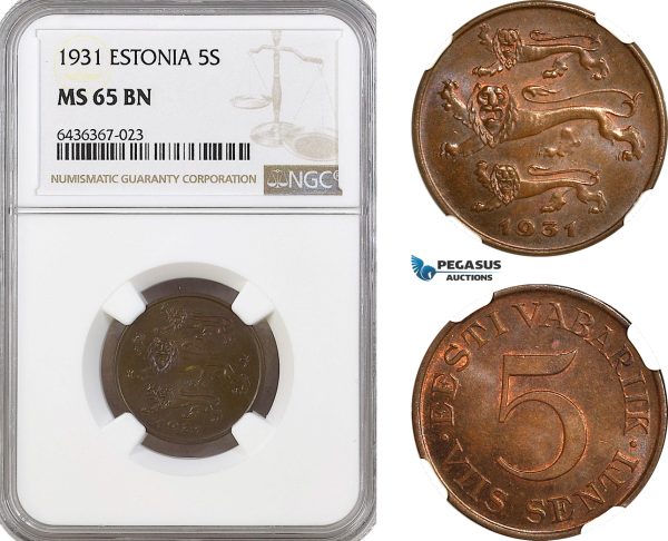 AH296, Estonia, 5 Senti 1931, NGC MS65BN
