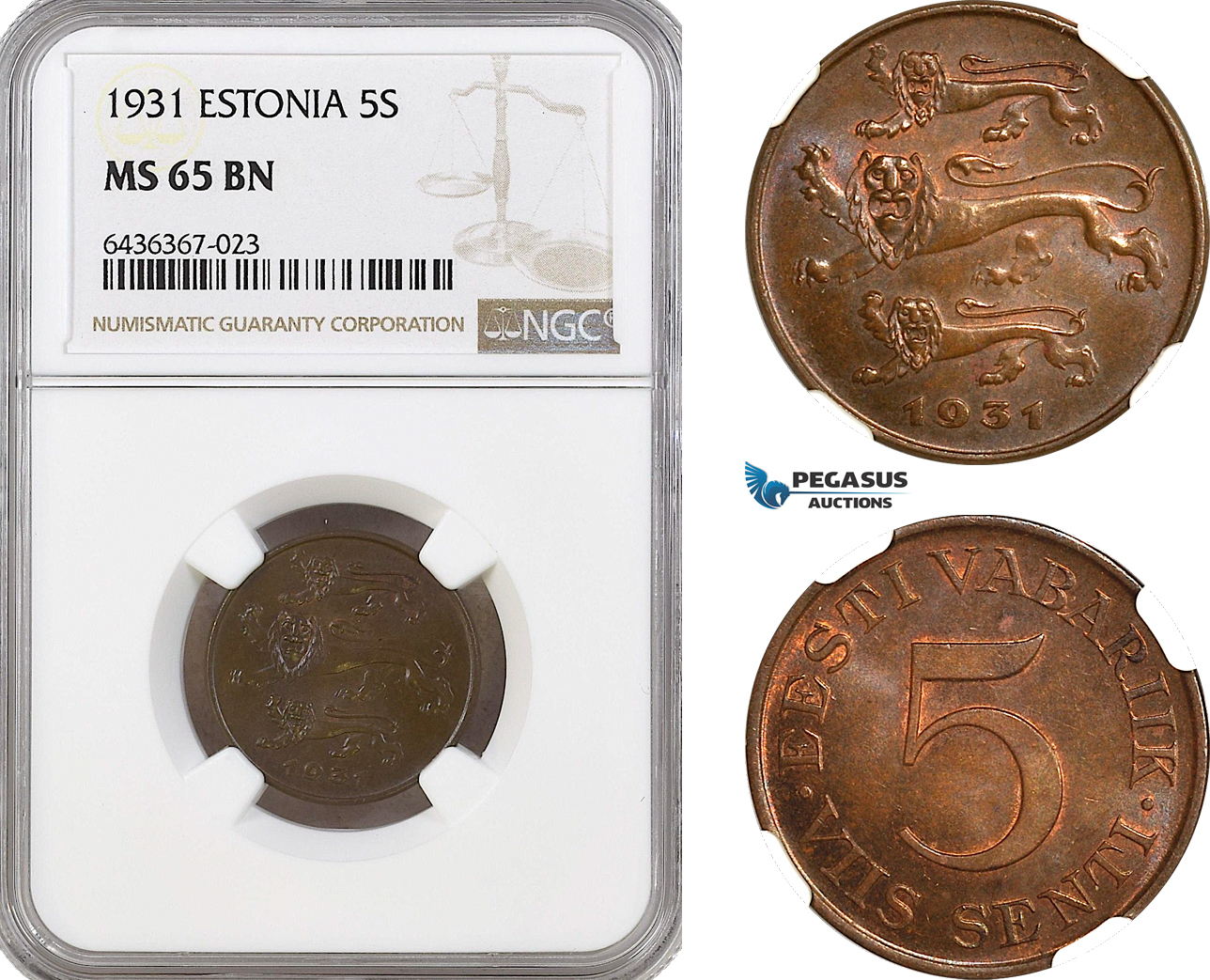 AH296, Estonia, 5 Senti 1931, NGC MS65BN