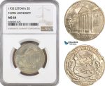 AH297, Estonia, 2 Krooni 1932, Tartu University, Silver, NGC MS64