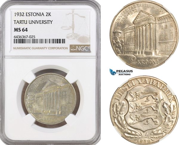 AH297, Estonia, 2 Krooni 1932, Tartu University, Silver, NGC MS64