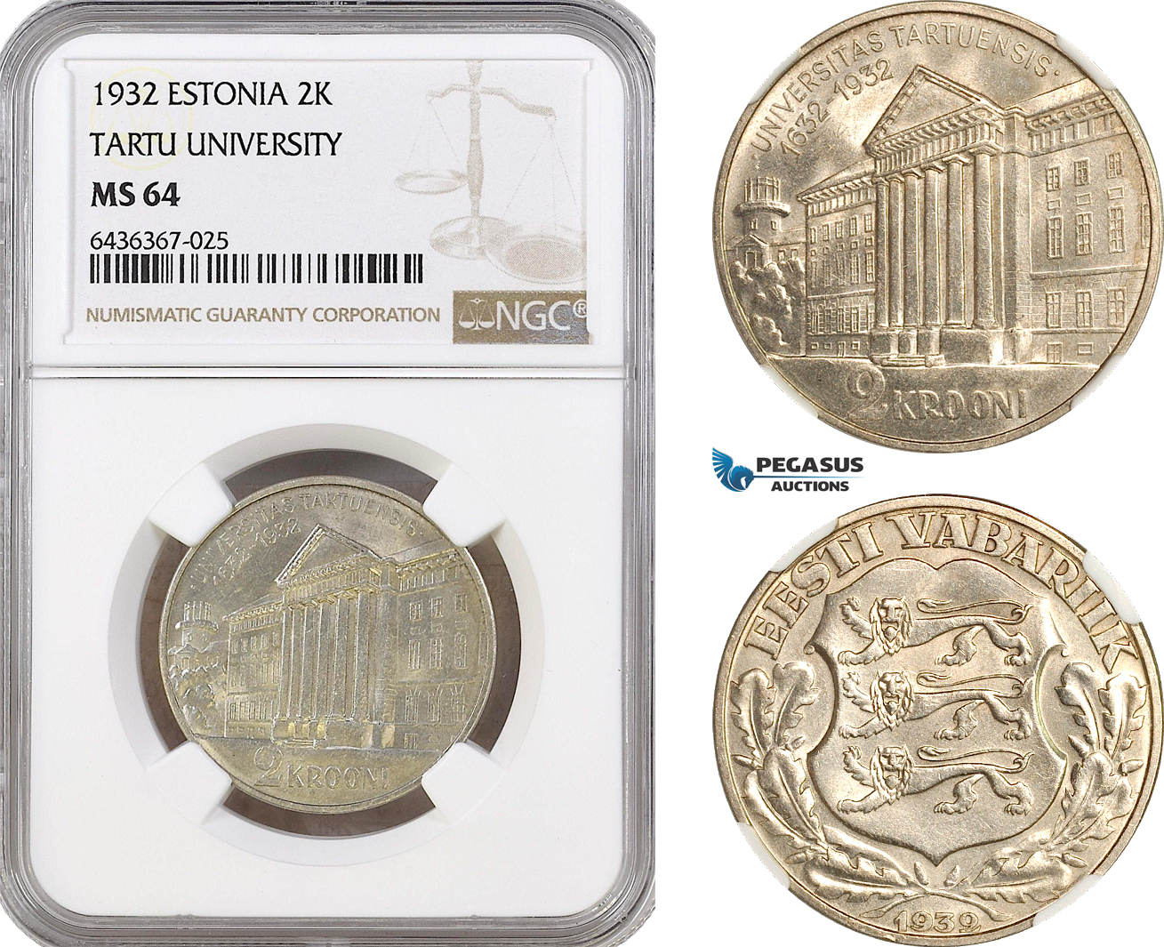AH297, Estonia, 2 Krooni 1932, Tartu University, Silver, NGC MS64