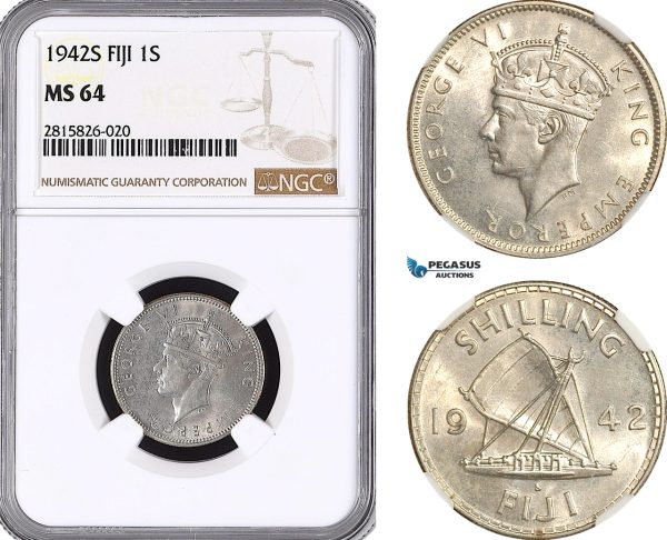AH298, Fiji, George VI, 1 Shilling 1942 S, San Francisco Mint, Silver, NGC MS64