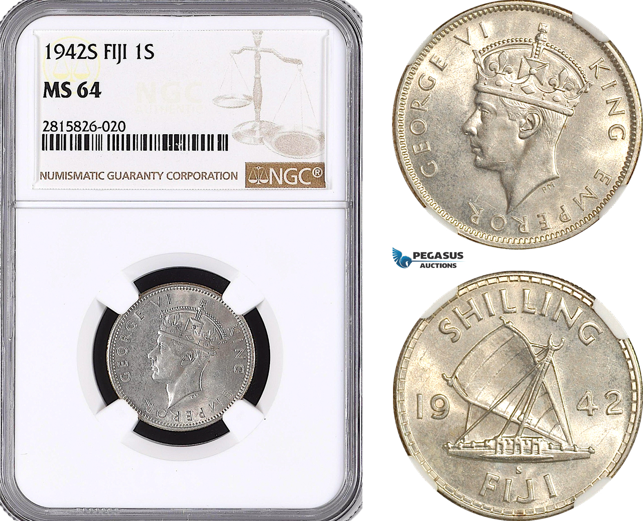 AH298, Fiji, George VI, 1 Shilling 1942 S, San Francisco Mint, Silver, NGC MS64