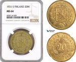AH299-R, Finland, 20 Markkaa 1931 S, Helsinki Mint, NGC MS64, Top Pop!