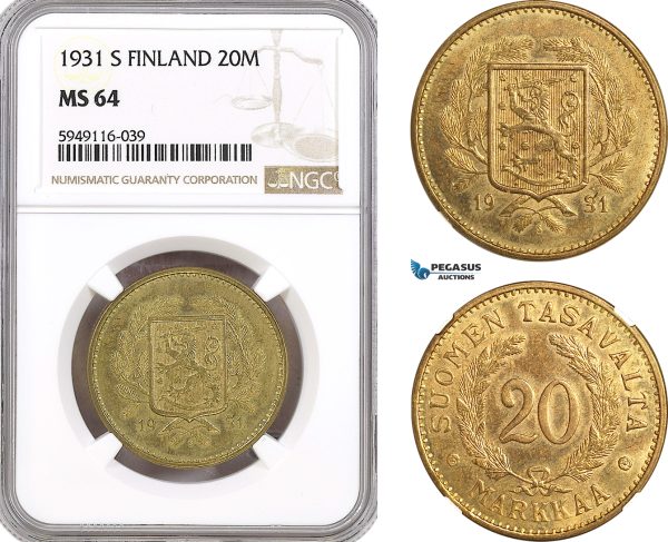AH299-R, Finland, 20 Markkaa 1931 S, Helsinki Mint, NGC MS64, Top Pop!
