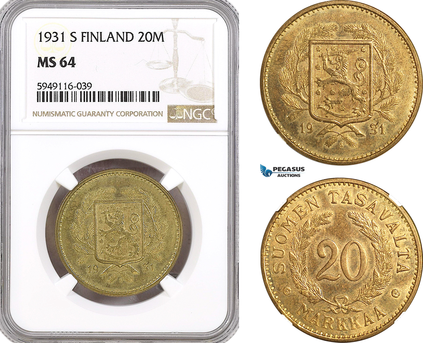 AH299-R, Finland, 20 Markkaa 1931 S, Helsinki Mint, NGC MS64, Top Pop!