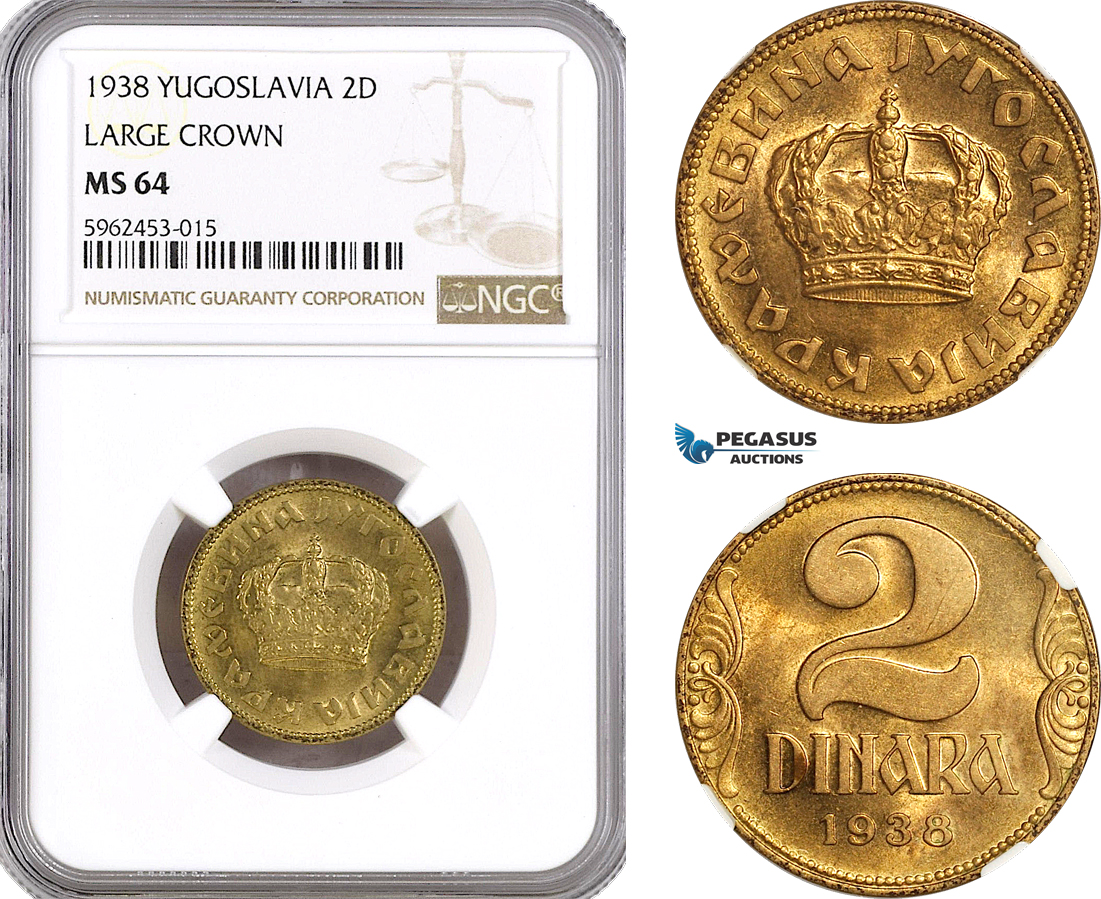 AH30, Yugoslavia, Peter II, 2 Dinara 1938, Large Crown, KM# 20, NGC MS64