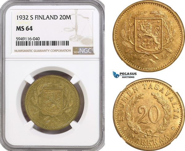 AH300-R, Finland, 20 Markkaa 1932 S, Helsinki Mint, NGC MS64, Top Pop!
