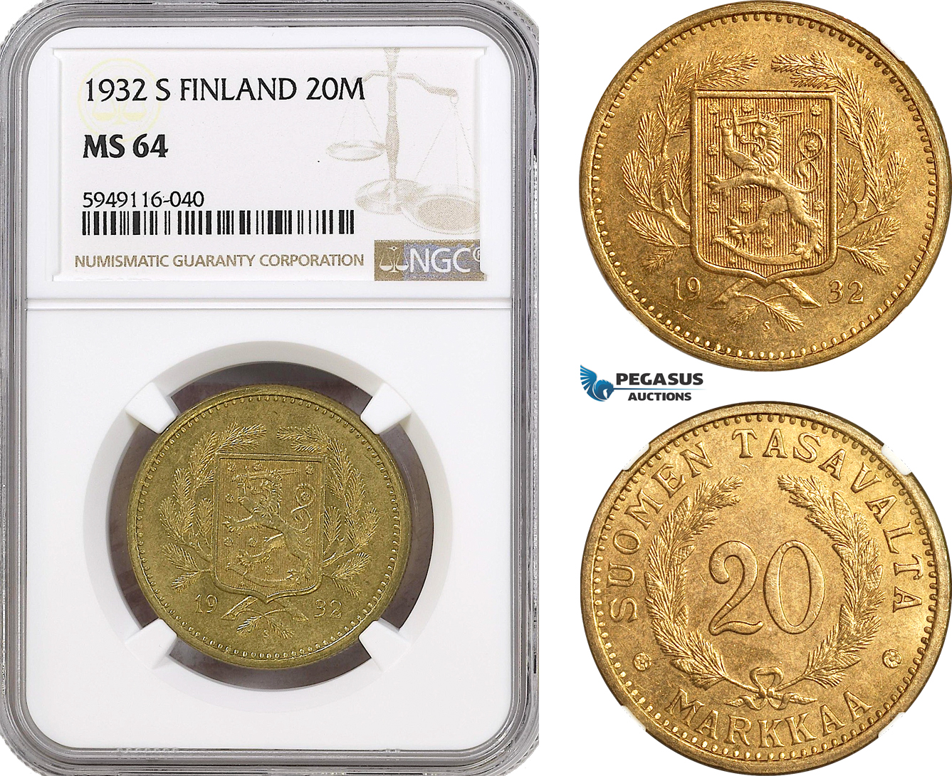AH300-R, Finland, 20 Markkaa 1932 S, Helsinki Mint, NGC MS64, Top Pop!