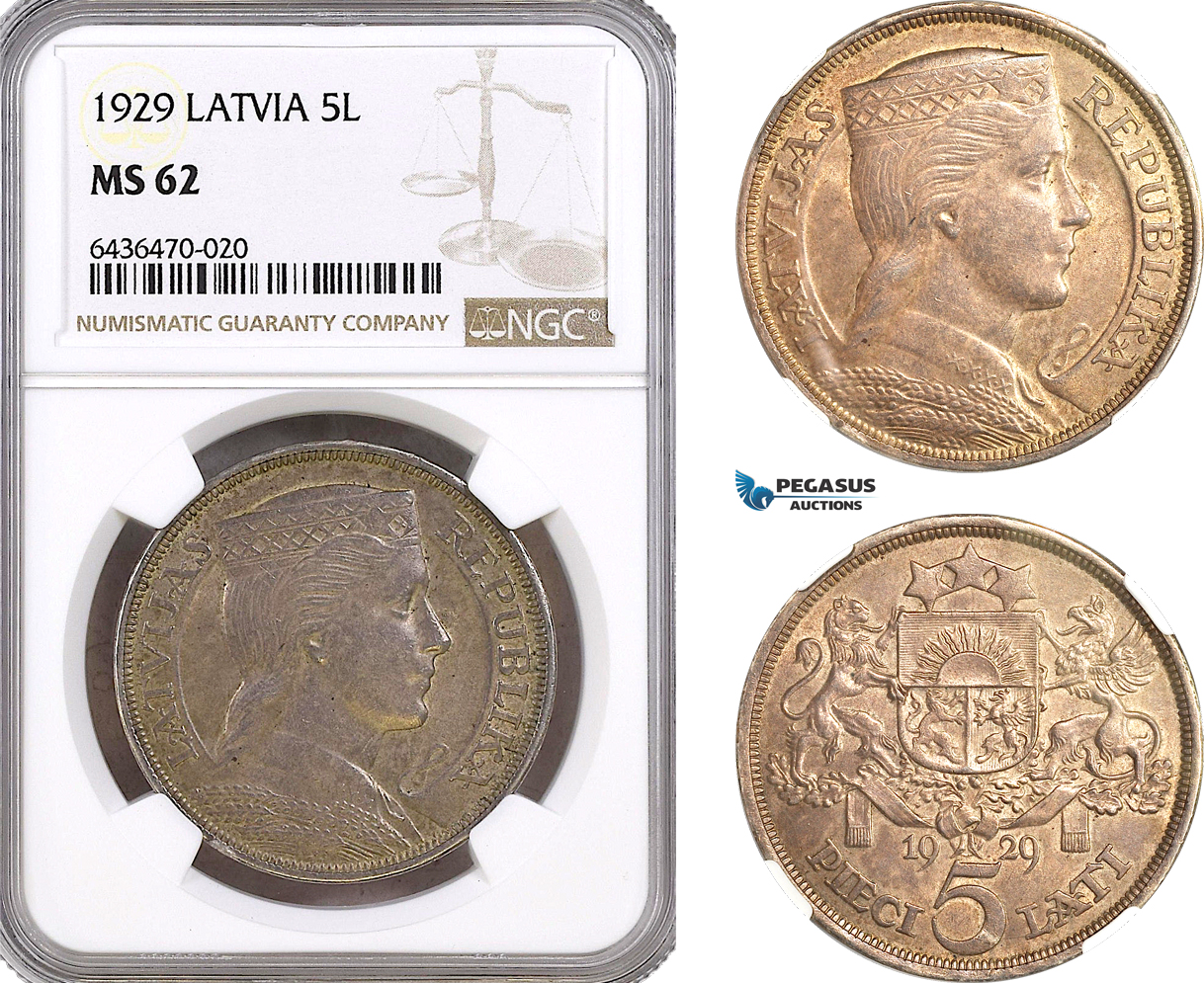 AH326, Latvia, 5 Lati 1929, Silver, NGC MS62