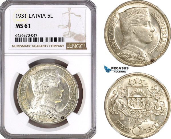 AH327, Latvia, 5 Lati 1931, Silver, NGC MS61