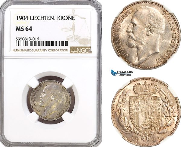 AH329, Liechtenstein, Johann II, 1 Krone 1904, Vienna Mint, Silver, NGC MS64