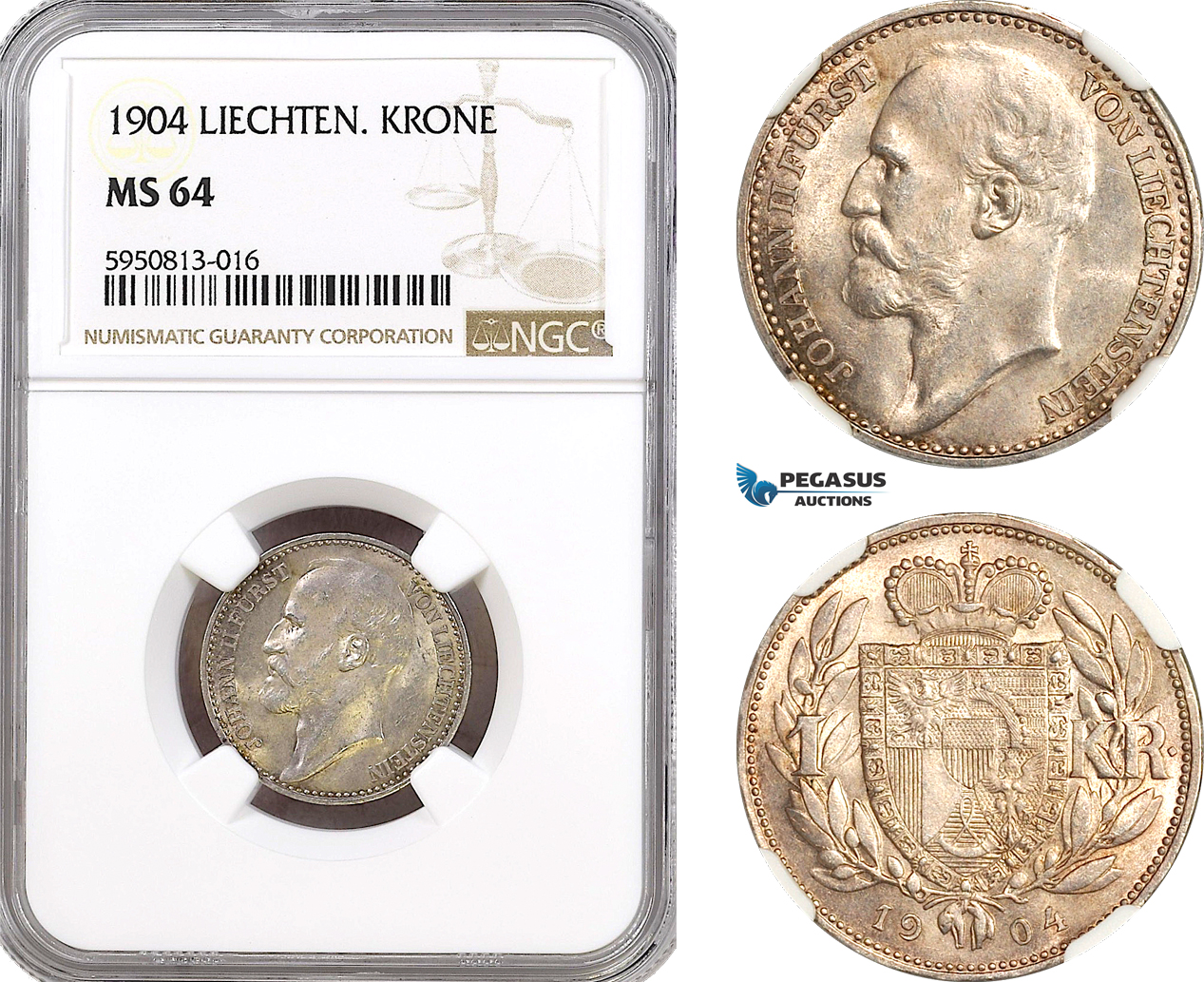 AH329, Liechtenstein, Johann II, 1 Krone 1904, Vienna Mint, Silver, NGC MS64