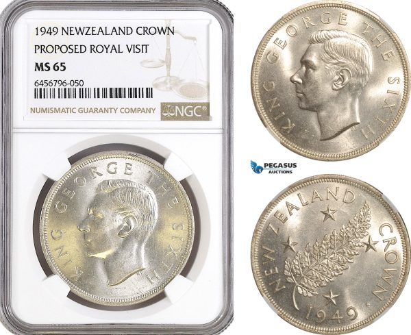 AH338, New Zealand, George VI, 1 Crown 1949, Silver, Proposed Royal Visit, NGC MS65