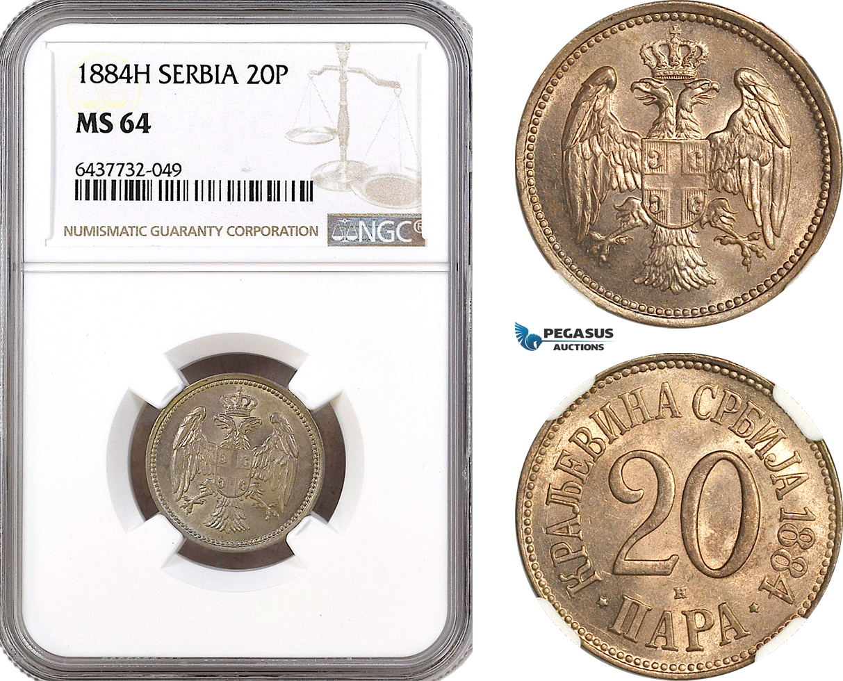 AH353, Serbia, Milan I, 20 Para 1884 H, Heaton Mint, NGC MS64, Pop 3/1