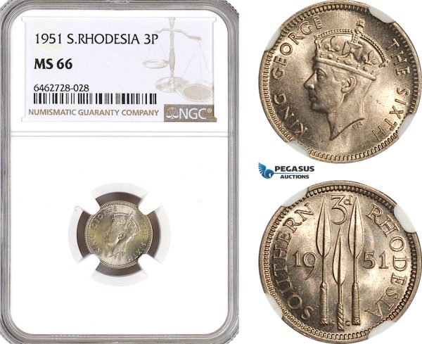 AH355, Southern Rhodesia (Zimbabwe) George VI, 3 Pence 1951, NGC MS66