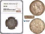 AH356, Spain, Alfonso XII, 2 Pesetas 1882 MS M (1-) (8-) Madrid Mint, Silver, Rare variety with missing "8" & "2" in stars! NGC AU50