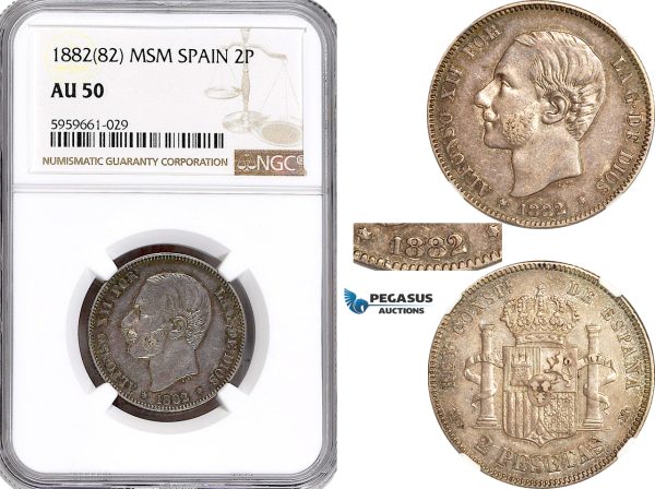 AH356, Spain, Alfonso XII, 2 Pesetas 1882 MS M (1-) (8-) Madrid Mint, Silver, Rare variety with missing "8" & "2" in stars! NGC AU50