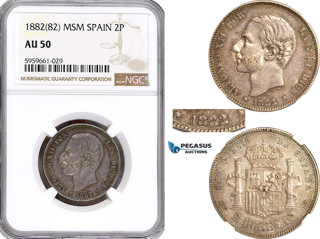AH356, Spain, Alfonso XII, 2 Pesetas 1882 MS M (1-) (8-) Madrid Mint, Silver, Rare variety with missing "8" & "2" in stars! NGC AU50