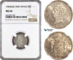 AH357, Spain, Alfonso XIII, 50 Centimos 1904 (04) SMV, Madrid Mint, Silver, NGC MS64