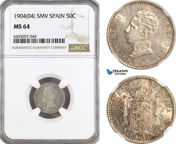 AH357, Spain, Alfonso XIII, 50 Centimos 1904 (04) SMV, Madrid Mint, Silver, NGC MS64