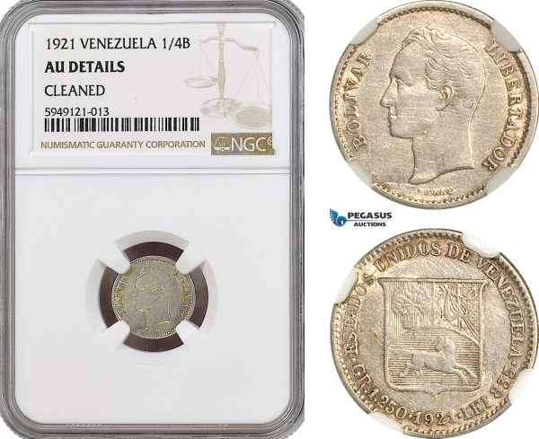 AH365, Venezuela, 1/4 Bolivar 1921, Silver, NGC AU Det.