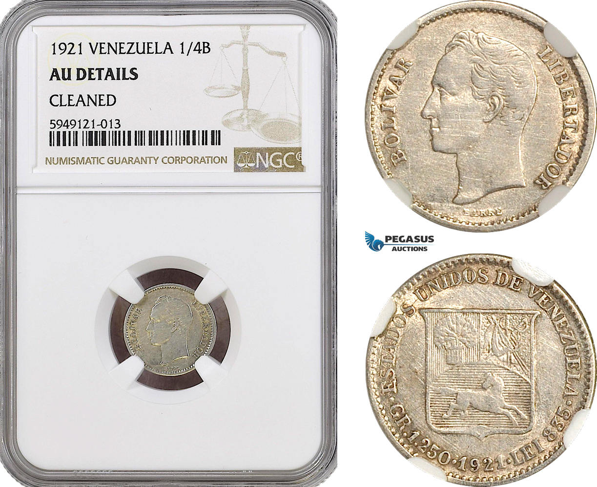 AH365, Venezuela, 1/4 Bolivar 1921, Silver, NGC AU Det.