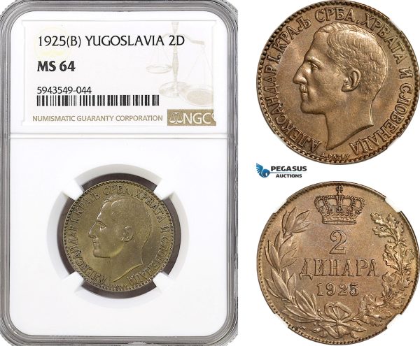AH367, Yugoslavia, Alexander I, 2 Dinara 1925 B, Brussels Mint, NGC MS64