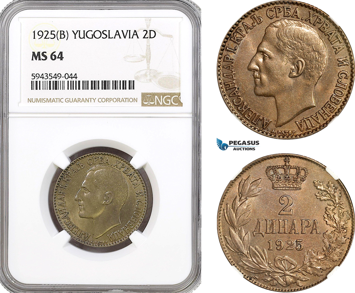 AH367, Yugoslavia, Alexander I, 2 Dinara 1925 B, Brussels Mint, NGC MS64