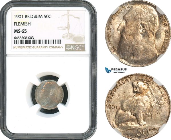 AH369, Belgium, Leopold II, 50 Centimes 1901, Flemish Legend, Brussels Mint, Silver, NGC MS65