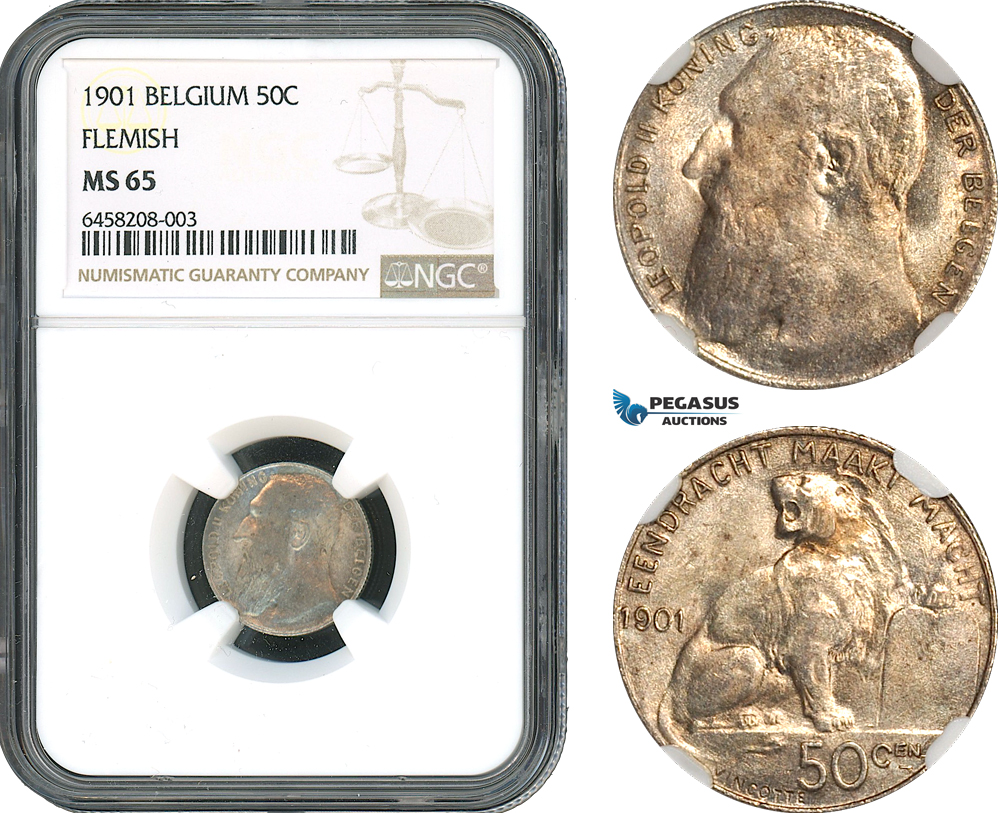 AH369, Belgium, Leopold II, 50 Centimes 1901, Flemish Legend, Brussels Mint, Silver, NGC MS65