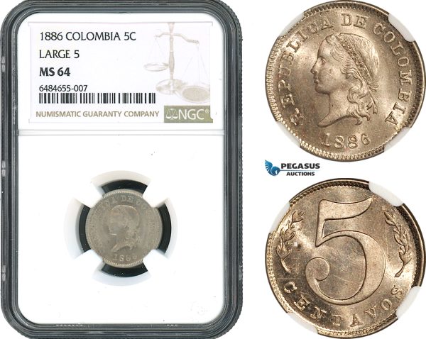 AH384, Colombia, 5 Centavos 1886, Large 5, NGC MS64