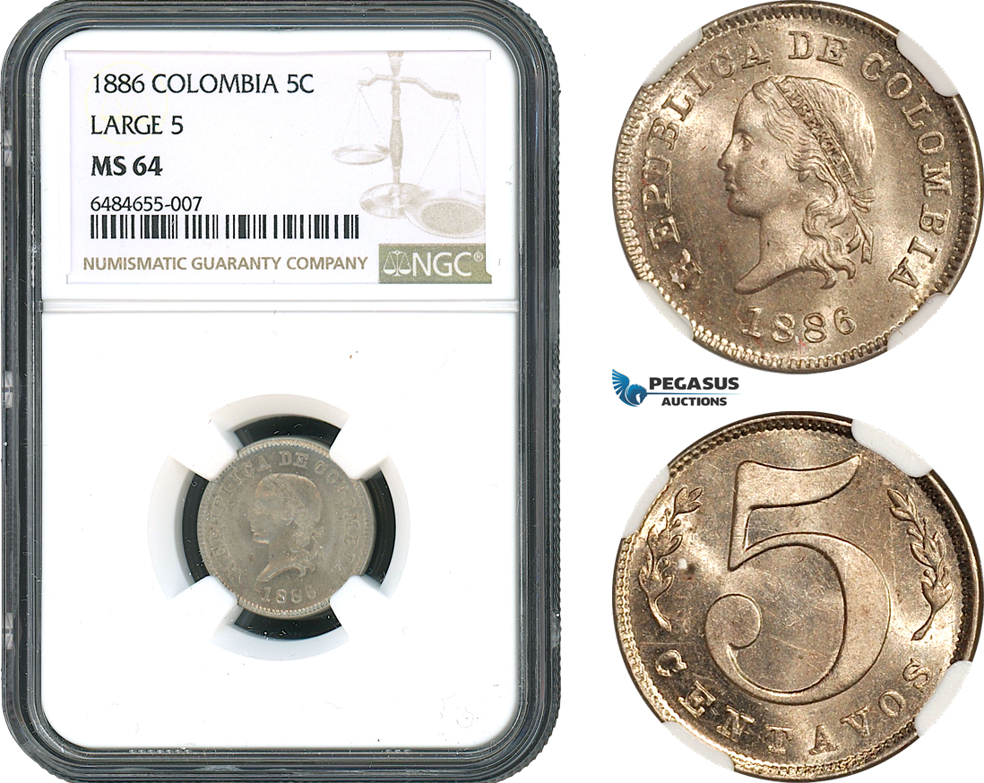 AH384, Colombia, 5 Centavos 1886, Large 5, NGC MS64