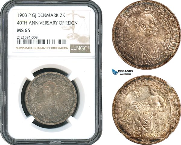 AH386, Denmark, Christian IX, 2 Kroner 1903 P GJ, Copenhagen Mint, Silver (40th Ann. of Reign) NGC MS65
