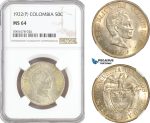 AH41, Colombia, 50 Centavos 1922 P, Philadelphia Mint, Silver, NGC MS64